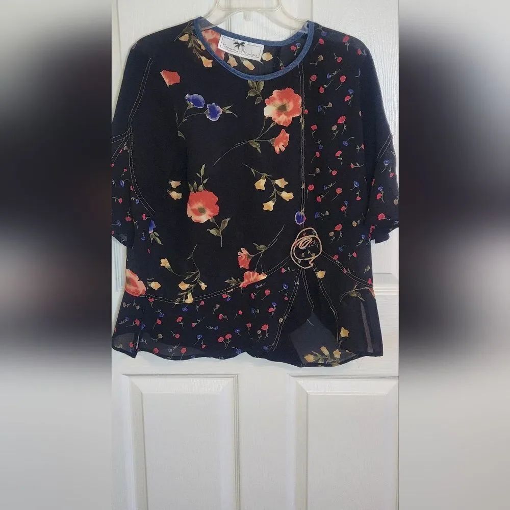 Tommy n Loulou L Black Floral Print 3/4 Sleeve Sheer Women’s Top Blouse